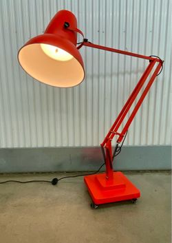 Industrial giant red powder coated steel articulating floor lamp