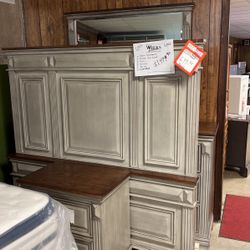 Queen size headboard, footboard rails, dresser, and mirror for only 1499 brand new