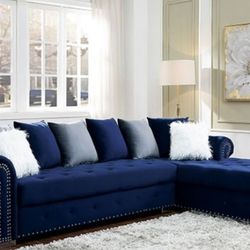Brand New Plush Blue Velvet Sectional Sofa (Pillows Are Included)