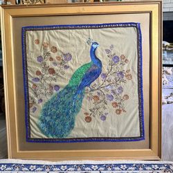 Framed Peacock Textile Wall Art Beautiful handcrafted peacock design with embroidery details