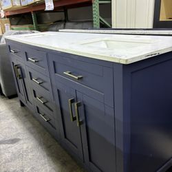 Blue Double Sink Bathroom Vanity with Marble Top