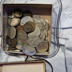 Old Stamps  Coins From All 1950's On In An Old Peter Paul Amond Joy BoxOld Stamps  Coins From All 1950's On In An Old Peter Paul Amond Joy Box