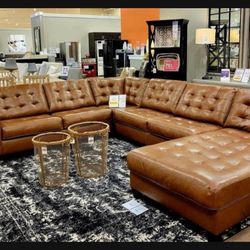 💫 Baskove Large Auburn Genuine Leather Sectional Couch 💫 Brand New 💯 Showroom Available 👍 $39 Down Payment 💰 U Shaped Sofa💥