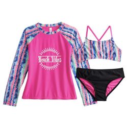 SO Tie Dye Beach Vibes Bikini Top Bottoms Long Sleeve Rash Guard Swimsuit Set Girls 4-5 Pink UPF 50+  Size: 4-5 Color: Multi Gender: female Age Group:
