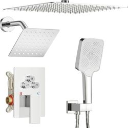 Brand New In The Box- Shower Faucet Set, 12" Ceiling Mount Rainfall Shower System with 2 Rain Shower Head and Multi-function Handheld Head Push Button