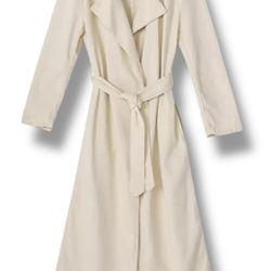 Zara Women Cream Lapel Collar Long Sleeves Denim Belted Cotton Topcoat Sz Med