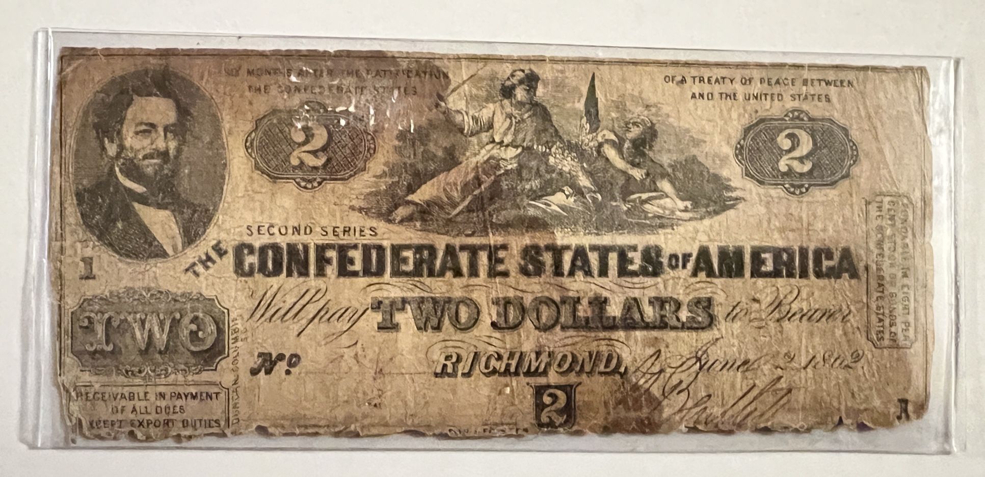 1862 Confederate States Of America $2 Bill