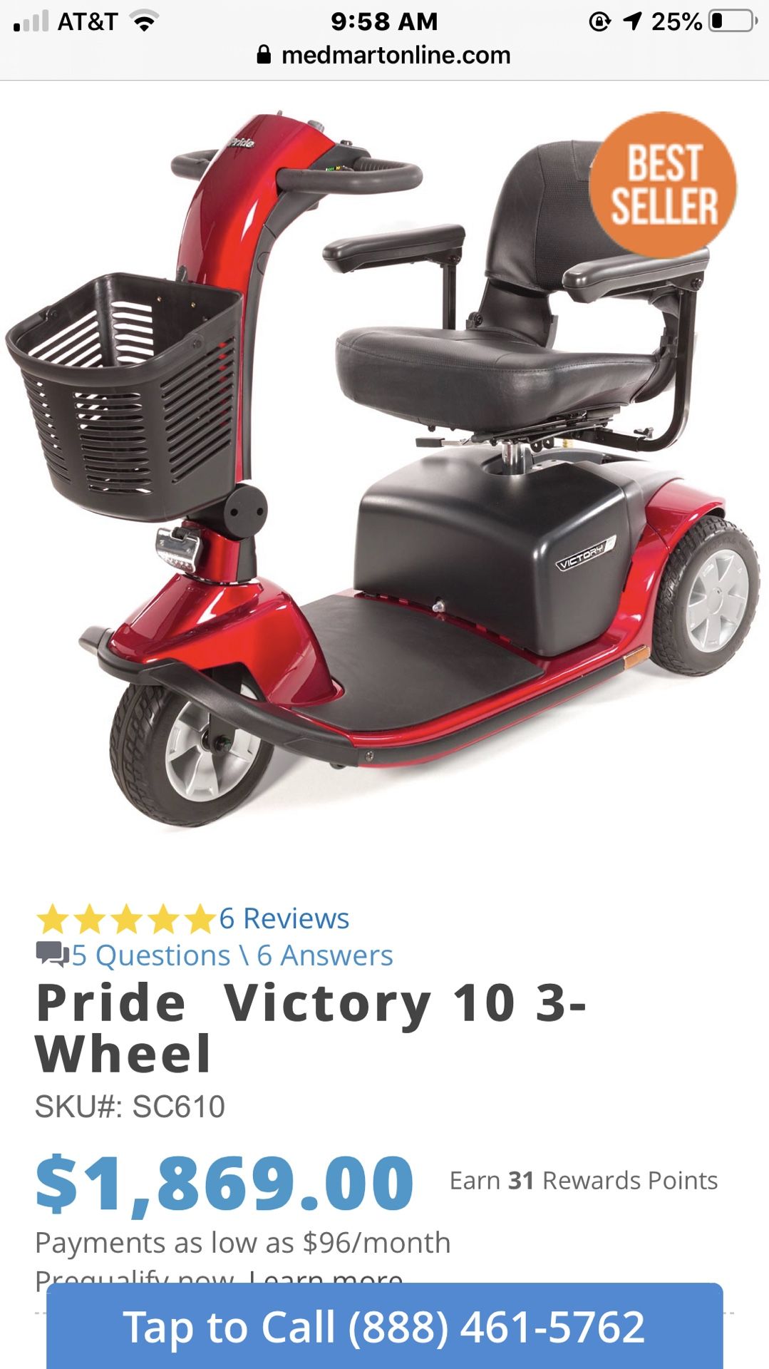 Pride victory 10 three wheeled mobility scooter