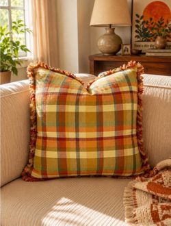Vintage Flannel Check Orange Blue Fringe Accent Throw Pillow