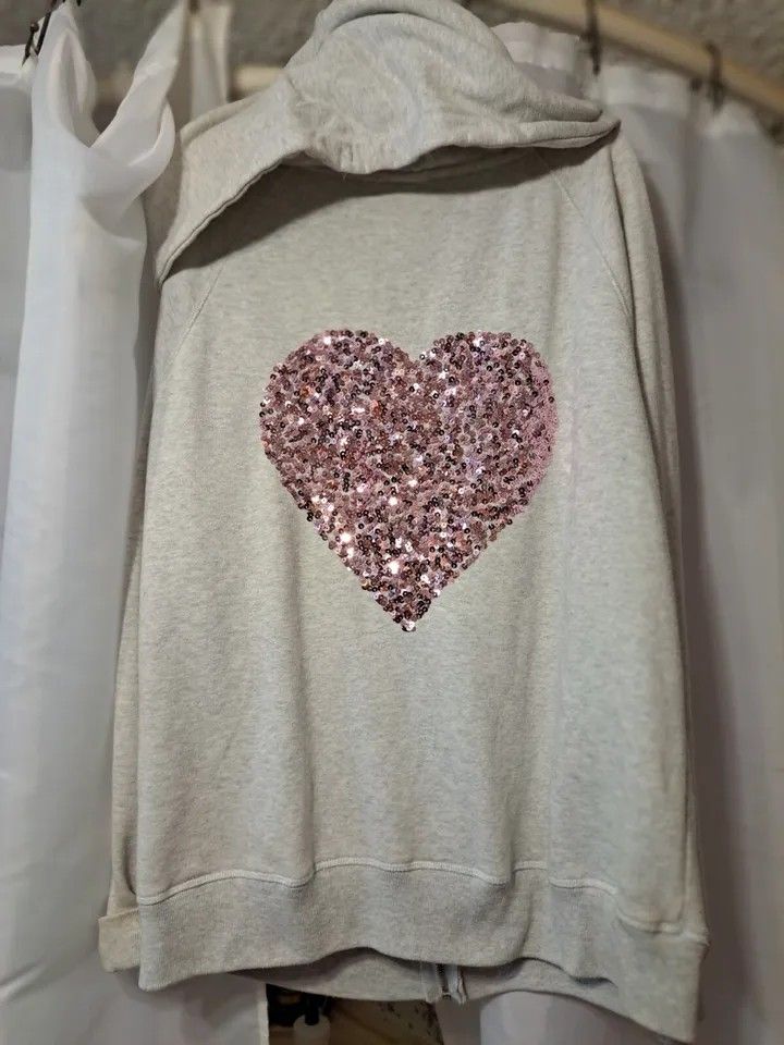 Forever 21 Gray Hoodie/ Sweatshirt Jacket Pink Sequin Heart Women's Size L Large