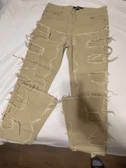 Guapi Obsidian Sand Brown Stacked Denim Fringe Jeans