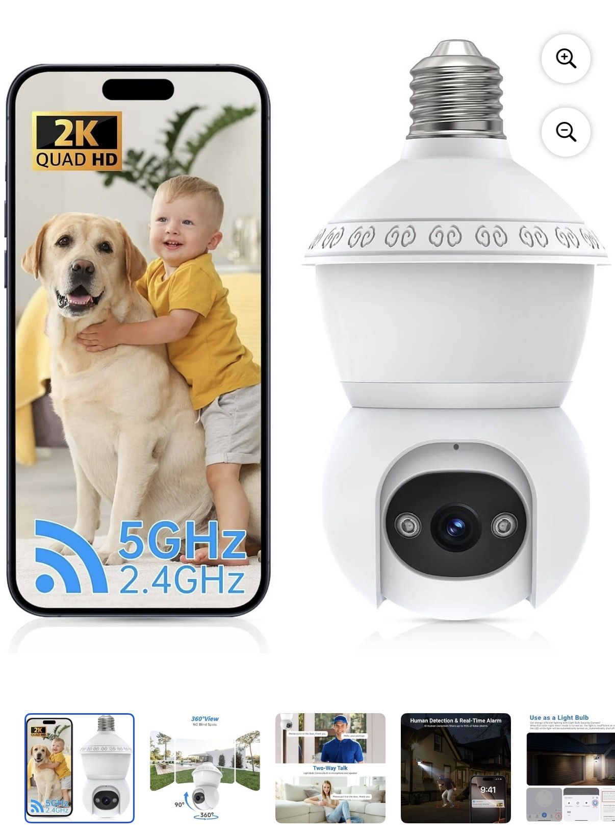 GBIUT Light Bulb Security Cameras Wireless Outdoor, Lightbulb Security Camera Indoor Outside 2.4G 5GHz WiFi, Motion Detection Alarm, Two Way Talk, Hum