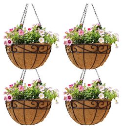 12 inch Metal Hanging Baskets For Plants Outdoor, 4 Pack Round Metal Wire Hanging Basket Planter with Coco Fiber Liners Chain Round Wire Plant Holder 