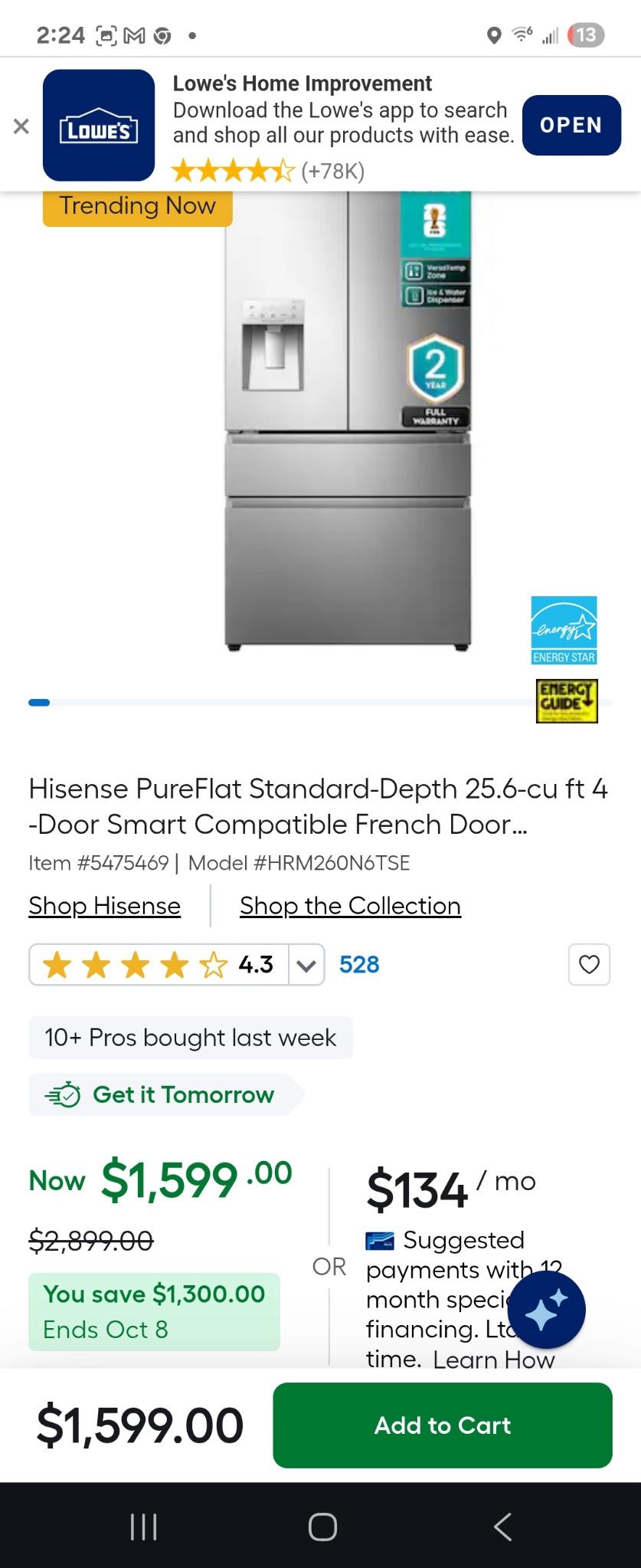 Hisense brand new four-door refrigerator