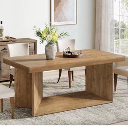 XK00785 63-Inch Dining Table for 4-6, Farmhouse Kitchen Table with Heavy Duty Pedestal, Rectangular Wooden Dinner Furniture for Home, Dining Room, Liv