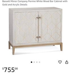 Bassett Mirror Company Perrine White Wood Bar Cabinet with Gold and Acrylic Details