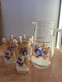 Vintage mcm Cerve Frosted Blue Gold Floral Pitcher & 5 Glasses