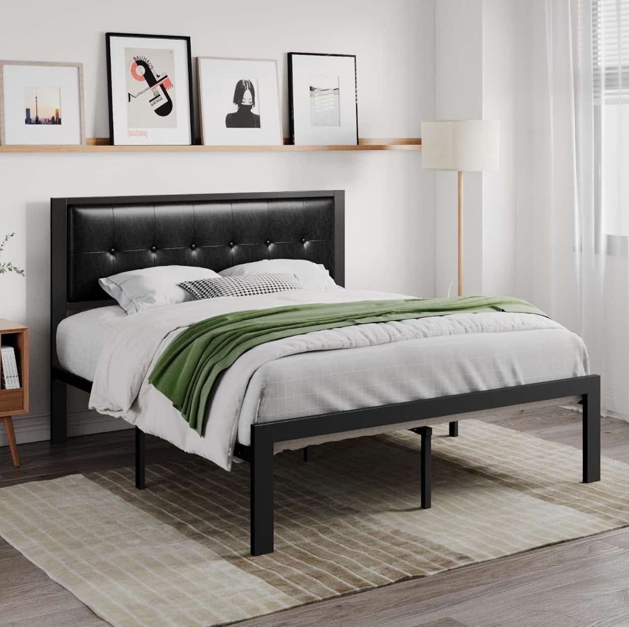Queen Faux Leather Platform Bed Frame with Metal Slats, Button Tufted Square Stitched Headboard