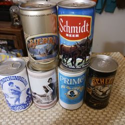6 Vintage Empty Beer Cans 