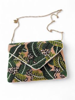 Cheetah Leaf Blush Handmade Clutch Green and beige beaded clutch with green and beige leaf pattern