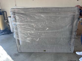 Queen, gray headboard, fabric, nail head trim