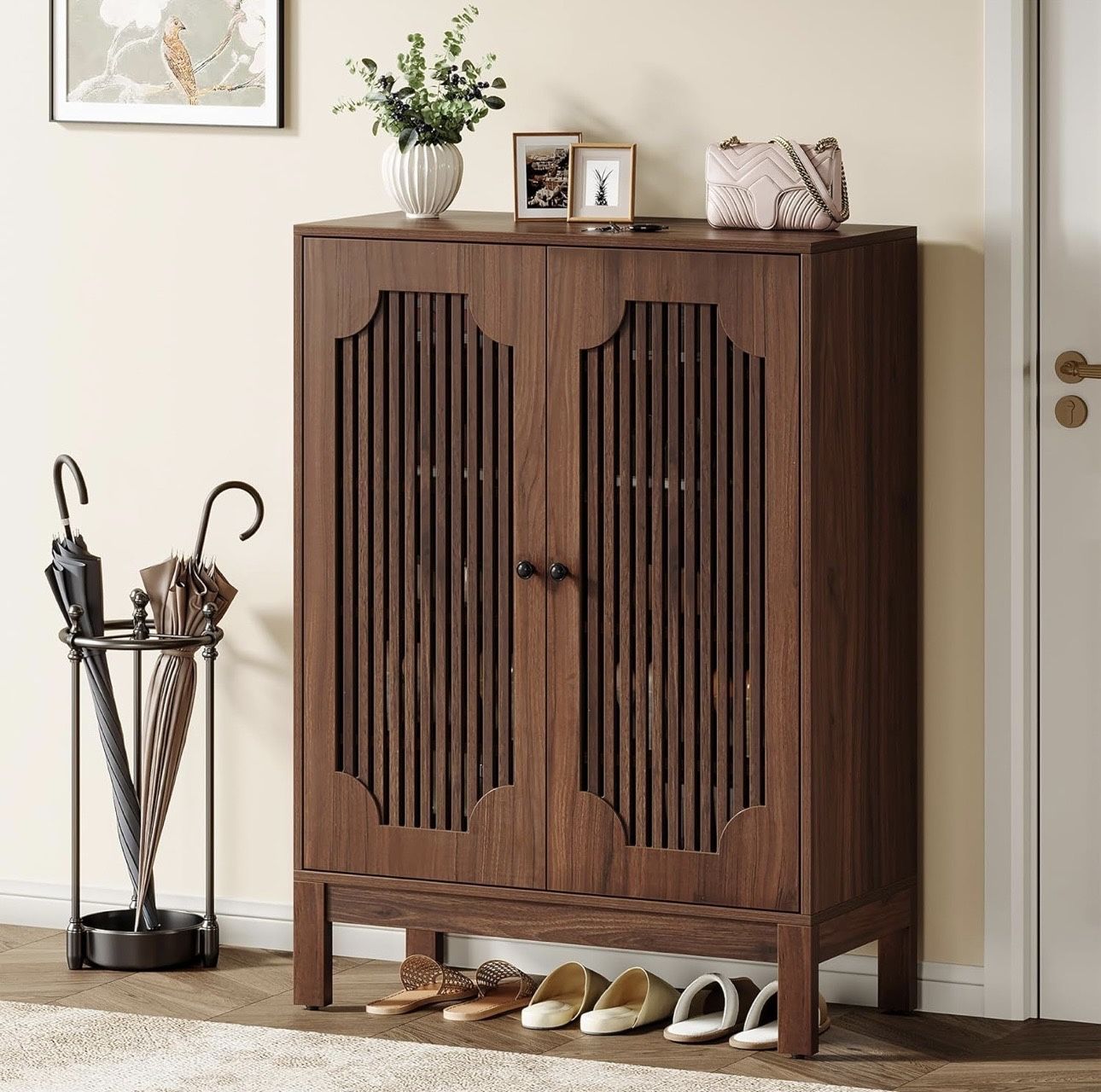 LD0003 Shoe Cabinet with Doors, 5-Tier Shoe Storage Cabinet with Adjustable Shelves, 20 Pairs Wooden Shoe Rack Organizer, Narrow Shoe Cabinet for Entr