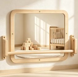 Brand New Montessori Baby Mirror with Wooden Frame & Adjustable Pull-Up Bar – Wall Mounted