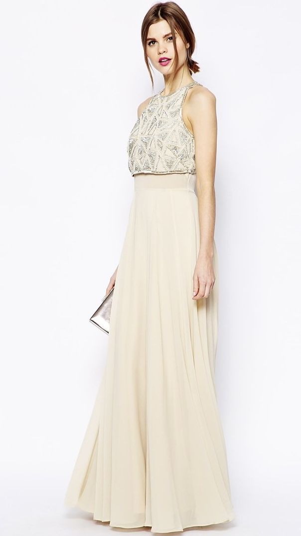ASOS Beige Sequin Top Crop Top Overlay Maxi Gown Bridesmaid Dress (Worn Once, Size 14 US)