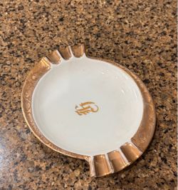 Vintage 1962 Hand Painted Gold Filigree Porcelain Ashtray Monogram H