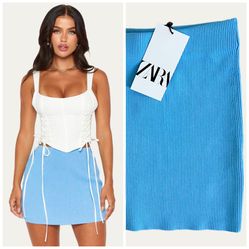 NWT ZARA Baby Blue Stretch Knit Mini Skirt Size S