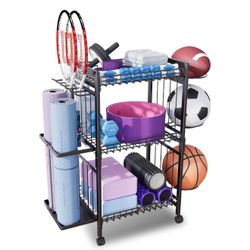 Yoga Mat Storage Rack & Holder, Workout Storage, Gym Equipment Storage Cart with Wheels & Hooks for Home Exercise & Fitness Gear Father’s Day Gift