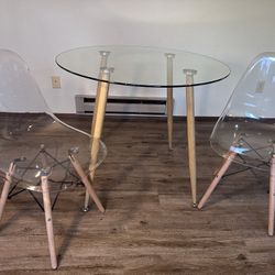 $135$ Modern Round Glass Table + 2 Clear Acrylic Chairs - Wood Legs, Like New