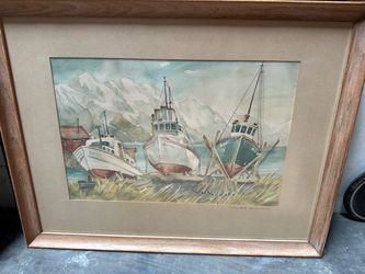 Framed Watercolor Painting of Fishing Boats Alaska