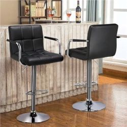 Bar Stools Set of 2, PU Leather Height Adjustable Swivel Barstools, Hydraulic Kitchen Counter Height Bar Chairs with Armrest and Back for Kitchen, Din