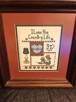 Handmade Framed Cross Stitch Sampler "I Love the Country Life" Wall Art