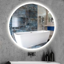 Round Bathroom LED Lighted Mirror, Wall Mounted Vanity Makeup Mirror with Lights, 3 Colors Dimmable Brightness, IP54 Waterproof, Smart Touch Switch, A