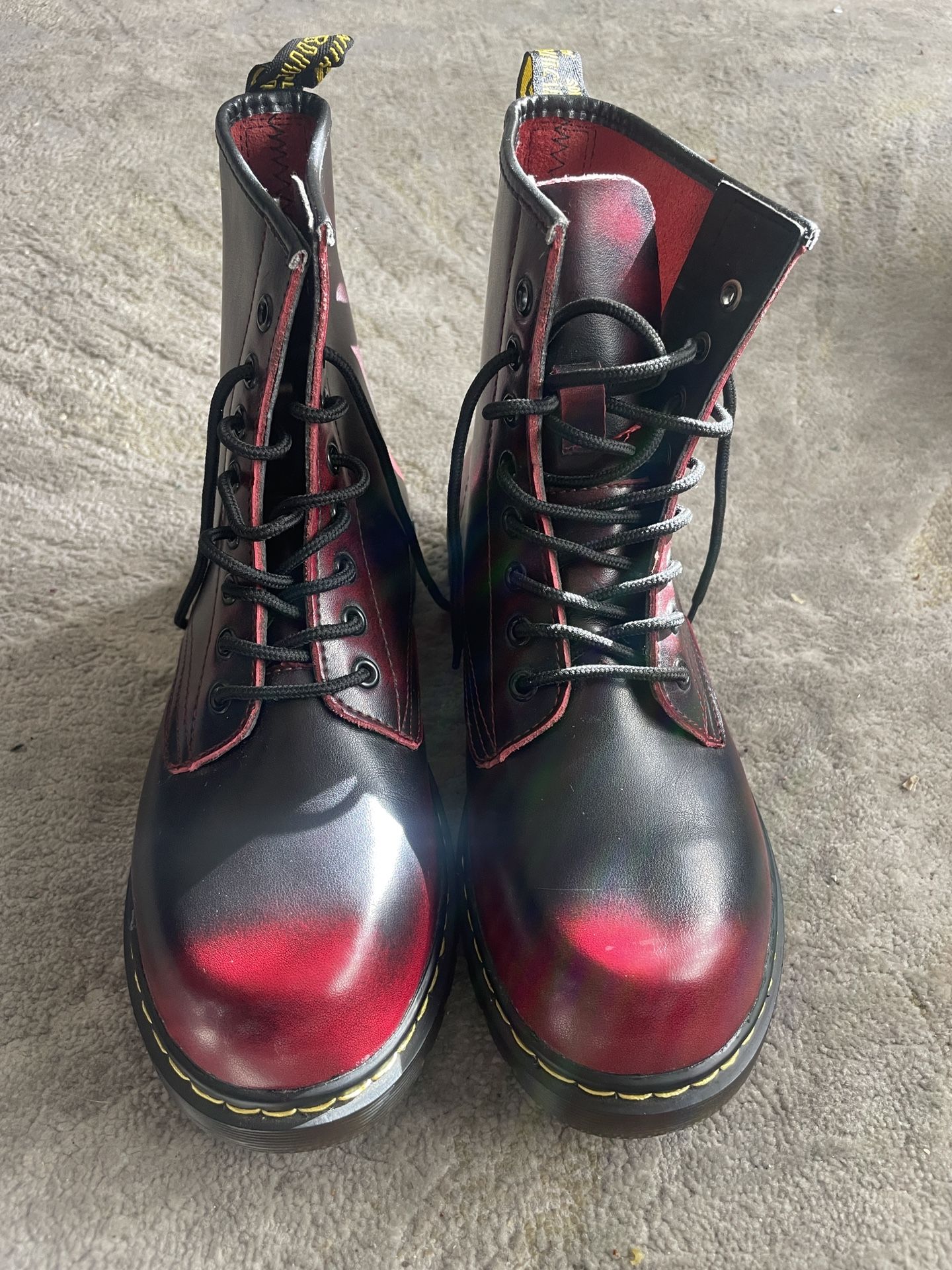 Red & Black Gradient Combat Boots – Doc Martens Style, Classic Yellow Stitching