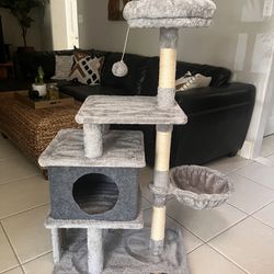 44" Gray Multilevel Carpeted Cat Tower Tree Loft Bed Condo Hammock Scratch Post 