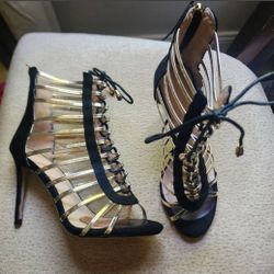 Gold and Black Cage Stiletto Heels, Size 8