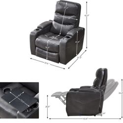 Power Recliner Leather Chair with Pillow Top Arms USB Charging Port & Cup Holders & Hidden Drawer - Gray