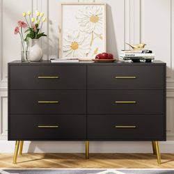 Black Dresser for Bedroom, 6 Drawer Wood Double Dresser with Gold Handles, Modern Chest of Organizer Storage Drawers for Living Room, Hallway, Entrywa