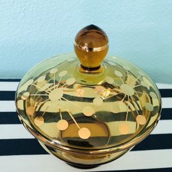1960s Amber Glass Covered Candy Dish With Gold Swirl Design