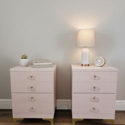 Vintage Pair Showers Brothers Painted Pink Faux Linen Finish Nightstands Solid Wood 