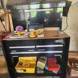 Tool Table,  Tool Containers,  Electric Lawn Mower-  Battery Is Dead,  Compressor,  Dolly 