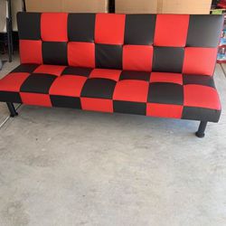 Brand New Red & Black Checkered Leather Tufted Futon
