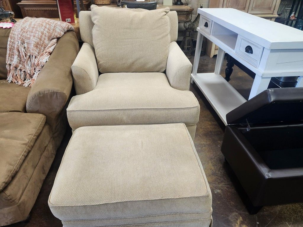 LIGHT BROWN ARM CHAIR AND OTTOMAN