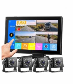 Fookoo AHD 1080P Wired 4 Backup Camera System, 10.1" Touchscreen Monitor Blind Spot Detection Tractor Trailer RV Camper Truck Van