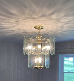 Vintage Mid Century Chandelier 20 Panel Beveled Glass Hanging Light Fixture Starburst