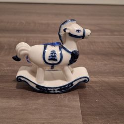 $15 FESTIVE White & Blue Porcelain Rockinghorse ORNAMENT 
