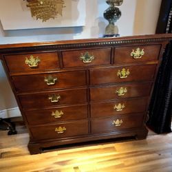 CHERRY WOOD DRESSING CHEST OF DRAWERS,  NIGHT STAND AND FOUR POSTER QUEEN BED FRAME